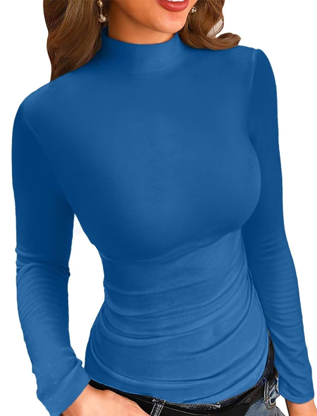 Vafful Long Sleeve T Shirt for Womens Mock Turtle Neck Ribbed Tops