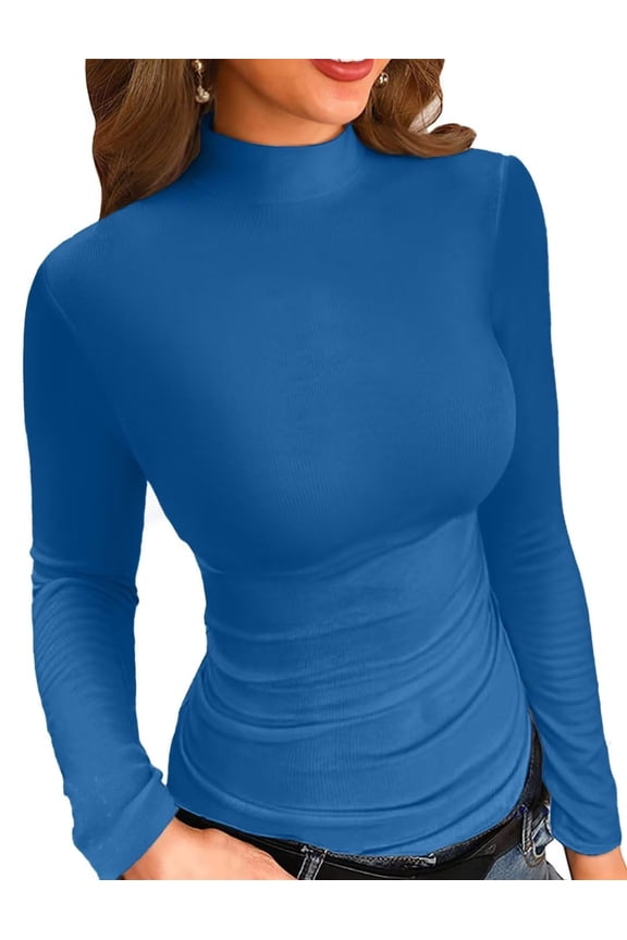 Long Sleeve T Shirt for Womens Mock Turtle Neck Ribbed Tops Shirts Slim Fitted Fall Clothes Tops Tunics Blouse S-XL Blue