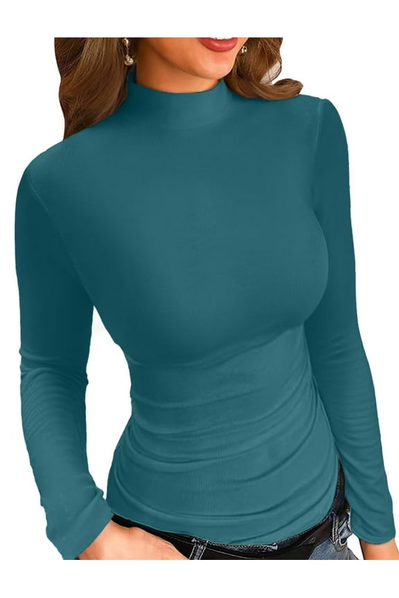 Long Sleeve T Shirt for Womens Mock Turtle Neck Ribbed Tops Shirts Slim Fitted Fall Clothes Tops Tunics Blouse S-XL Lake Blue
