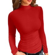 Vafful Long Sleeve T Shirt for Womens Mock Turtle Neck Ribbed Tops Shirts Slim Fitted Fall Clothes Tops Tunics Blouse S-XL Red