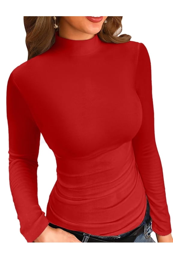 Long Sleeve T Shirt for Womens Mock Turtle Neck Ribbed Tops Shirts Slim Fitted Fall Clothes Tops Tunics Blouse S-XL Red