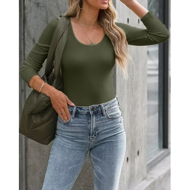 VAFFUL Womens Long Sleeve Shirts Scoop Mock Neck Fitted Ribbed Fall Tops
