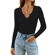 Vafful Long Sleeve T Shirts for Women Ribbed Slim Fit Basic Tee Tops Blouse V Neck Stretch Fall Clothes S-XL Black