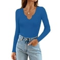 thumbnail image 1 of Vafful Long Sleeve T Shirts for Women Ribbed Slim Fit Basic Tee Tops Blouse V Neck Stretch Fall Clothes S-XL Blue, 1 of 5