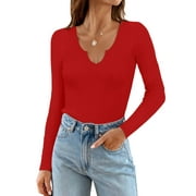 Vafful Long Sleeve T Shirts for Women Ribbed Slim Fit Basic Tee Tops Blouse V Neck Stretch Fall Clothes S-XL Red