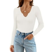 Vafful Long Sleeve T Shirts for Women Ribbed Slim Fit Basic Tee Tops Blouse V Neck Stretch Fall Clothes S-XL White