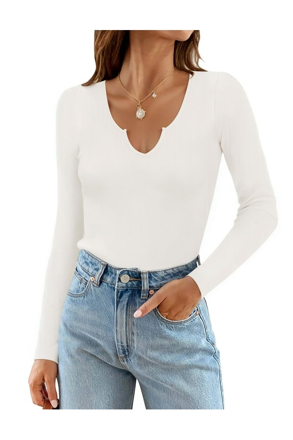 Long Sleeve T Shirts for Women Ribbed Slim Fit Basic Tee Tops Blouse V Neck Stretch Fall Clothes S-XL White