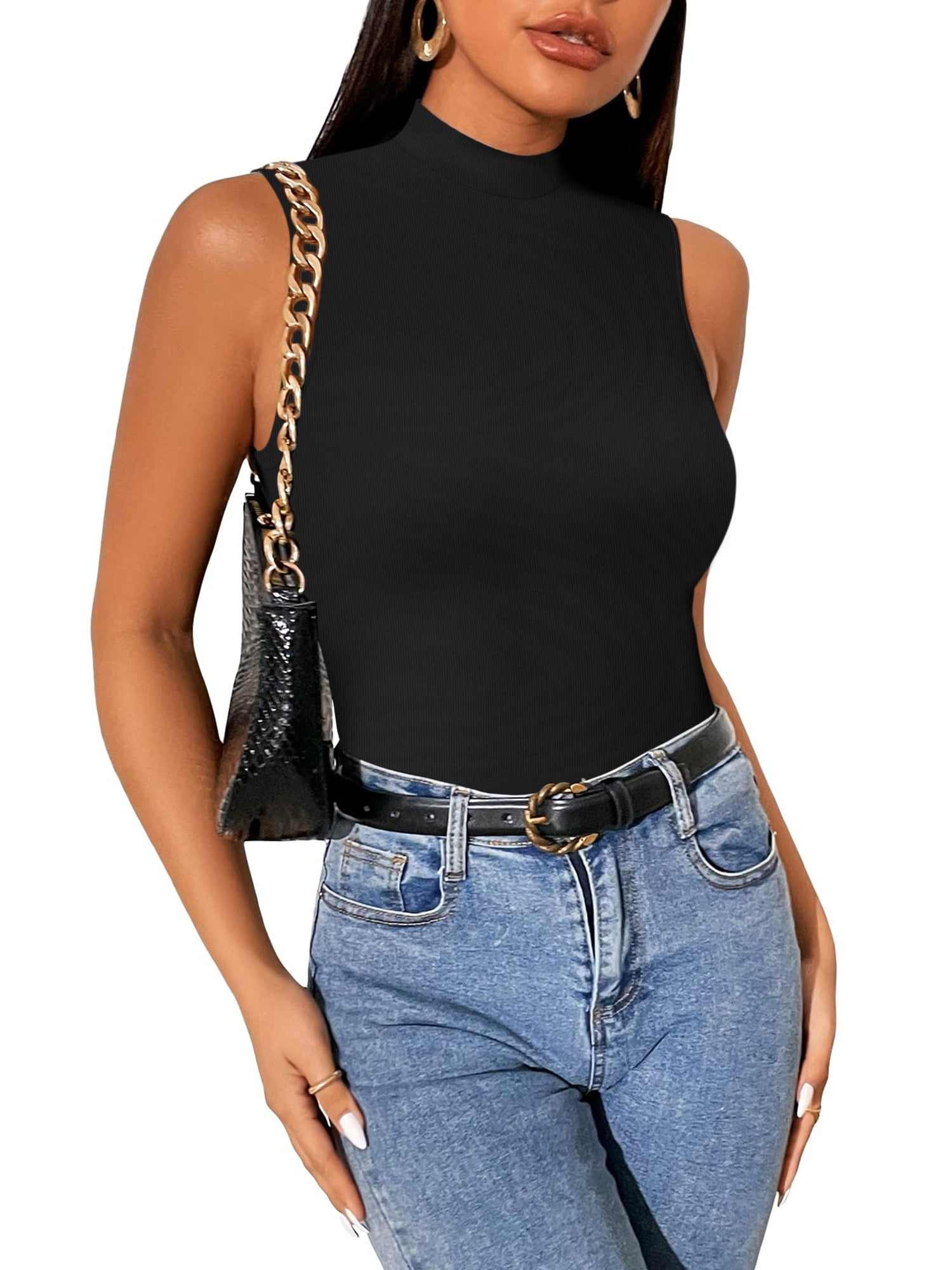 Brand Flex Women's Plain Black Sleeveless High Neck/Turtle Neck Top Stretch  Slim Cotton T-Shirt for Women Sleeveless Top for Women