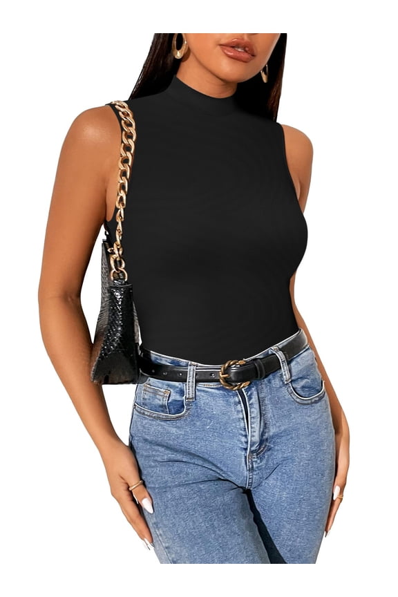Mock Neck Tank Tops for Women Sleeveless Turtleneck Women Tank Tops Slim Fit Ribbed Basic Tank Top for Women Sleeveless Tank Tops Slim Fit Stretchy Layer Tee Shirts Black