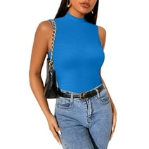Vafful Mock Neck Tank Tops for Women Sleeveless Turtleneck Women Tank Tops Slim Fit Ribbed Basic Tank Top for Women Sleeveless Tank Tops Slim Fit Stretchy Layer Tee Shirts Blue