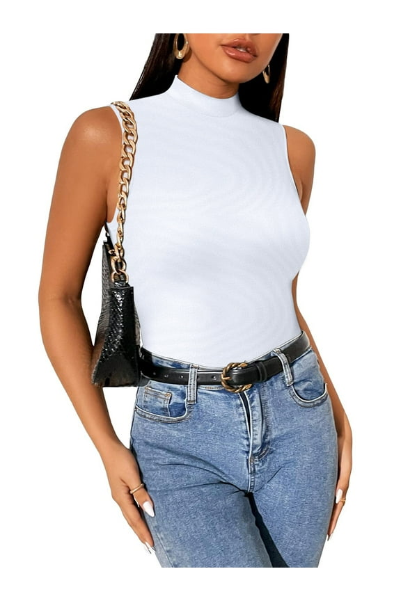 Mock Neck Tank Tops for Women Sleeveless Turtleneck Women Tank Tops Slim Fit Ribbed Basic Tank Top for Women Sleeveless Tank Tops Slim Fit Stretchy Layer Tee Shirts White