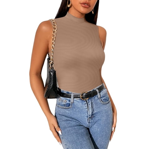 Womens Sleeveless Mock Turtleneck Tank Tops Slim Fit Stretch Ribbed Tops Casual Basic Layering Shirts Khaki S
