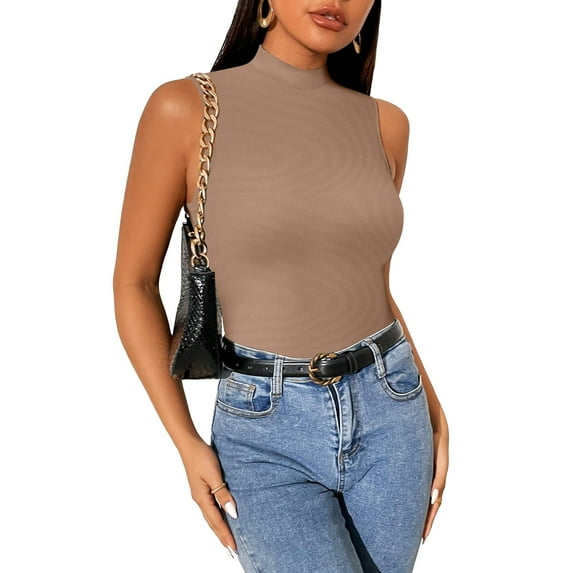 Vafful Womens Sleeveless Mock Turtleneck Tank Tops Slim Fit Stretch Ribbed Tops Casual Basic Layering Shirts Khaki M