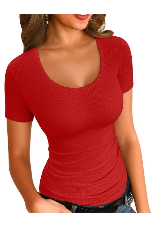Summer Women's Scoop Neck Short Sleeve Shirts Ribbed Slim Fitted Casual Basic Top Blouses Red S-XL