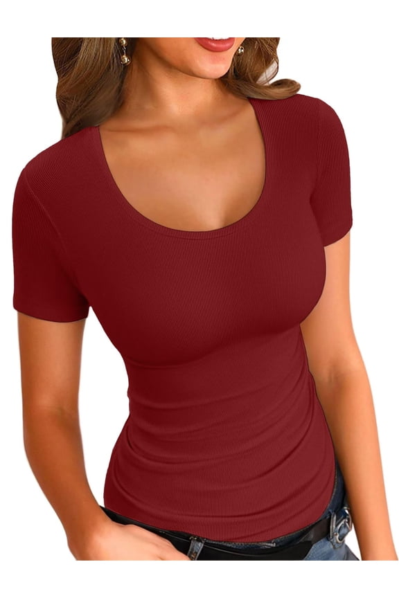 Summer Women's Scoop Neck Short Sleeve Shirts Ribbed Slim Fitted Casual Basic Top Blouses S-XL