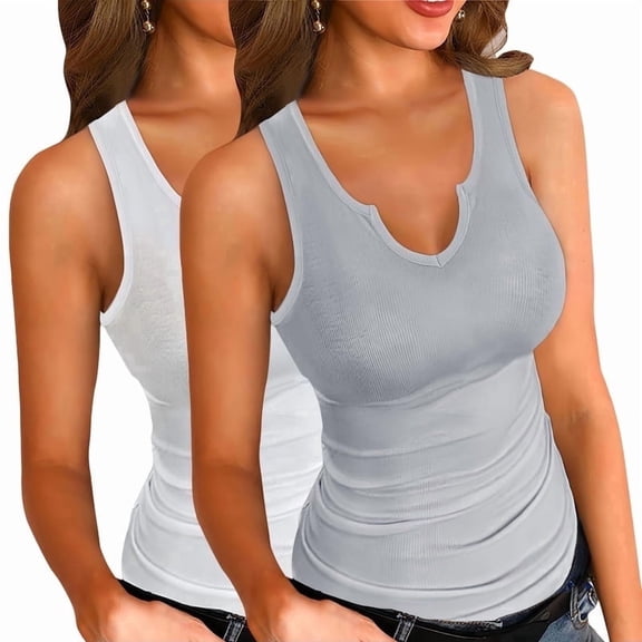 Vafful 2PCS Women Tank Tops V Neck Summer Slim Stretch Workout Sleeveless Tops Ribbed Racerback Blouses Grey White S-XXL