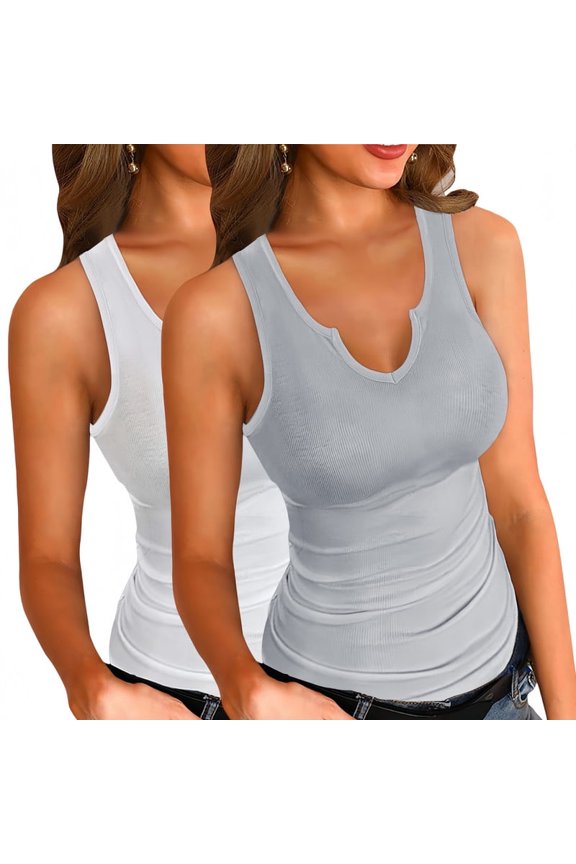 Tank Tops for Women Basic Sleeveless Shirts 2 Pack V Neck Ribbed Slim Fitted Tank Tops Workout Summer Blouse Sporty Sexy top Cami Ribbed Racerback Grey and White S-XXL