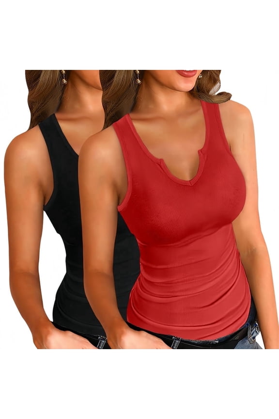 Tank Tops for Women Basic Sleeveless Shirts 2 Pack V Neck Ribbed Slim Fitted Tank Tops Workout Summer Blouse Sporty Sexy top Cami Ribbed Racerback GREY and RED S-XXL