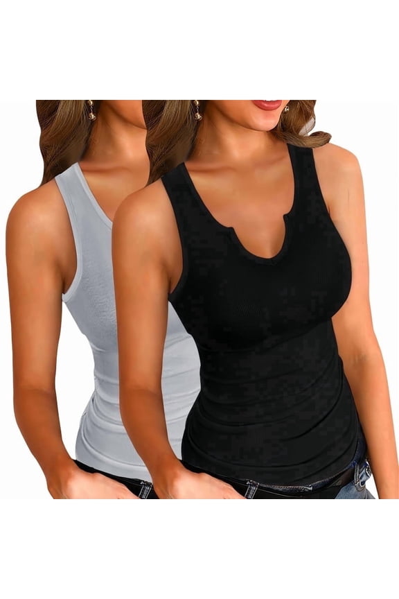 Tank Tops for Women Basic Sleeveless Shirts 2 Pack V Neck Ribbed Slim Fitted Tank Tops Workout Summer Blouse Sporty Sexy top Cami Ribbed Racerback GREY and BLACK S-XXL