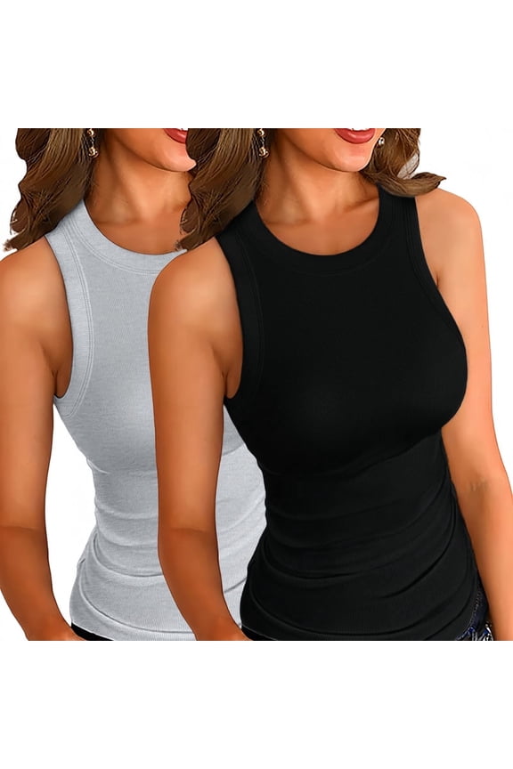 Womens Tank Tops 2 PCS Summer Top Ribbed Sleeveless Racerback Basic Top Slim Fitted Round High Neck Sexy Tank Tops for Women Grey and Black S-XXL