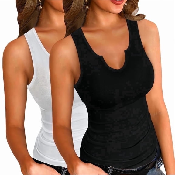 Vafful Tank Tops for Women Basic Sleeveless Shirts 2 Pack V Neck Ribbed Slim Fitted Tank Tops Workout Summer Blouse Sporty Sexy top Cami Ribbed Racerback Black and White S-XXL