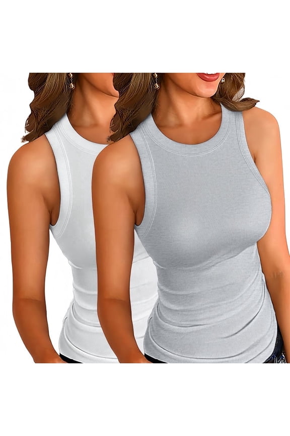 Womens Tank Tops 2 PCS Summer Top Ribbed Sleeveless Racerback Basic Top Slim Fitted Round High Neck Sexy Tank Tops for Women Grey and White S-XXL