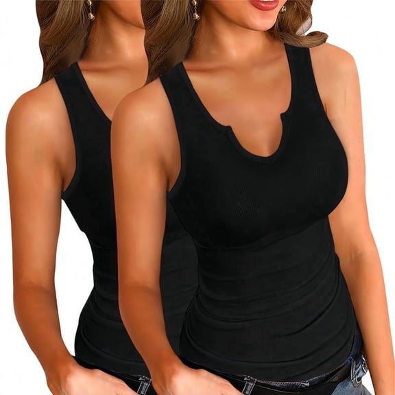 Vafful Tank Tops for Women Basic Sleeveless Shirts 2 Pack V Neck Ribbed Slim Fitted Tank Tops Workout Summer Blouse Sporty Sexy top Cami Ribbed Racerback Black and White S-XXL