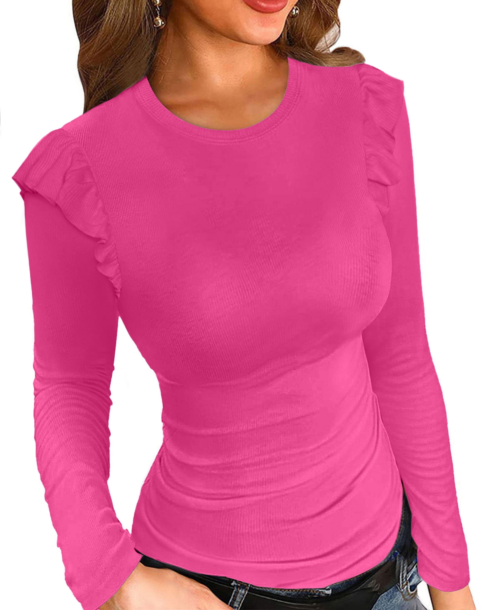 Vafful Women Long Sleeve Tops Ruffle Crew Neck T Shirts Casual Fall Top