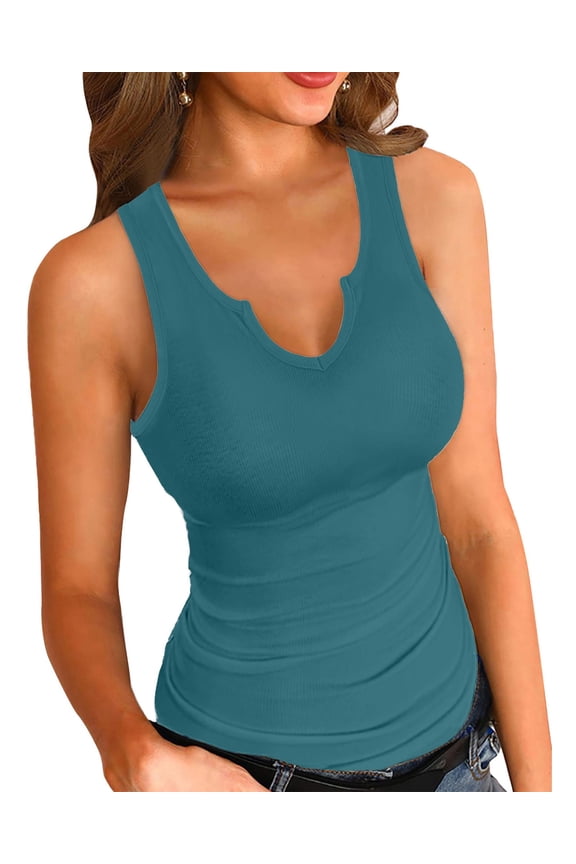 Women Tank Tops V Neck Summer Slim Slim Stretch Workout Sleeveless Tops Ribbed Racerback Blouses Teal Blue X-Large