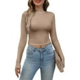 thumbnail image 1 of Vafful Women's Long Sleeve Shirts Mock Neck Crop Tops Ribbed Casual Fitted Basic T Shirt for Womens Shirts Solid Crops Tee Top S-XXL Khaki, 1 of 8