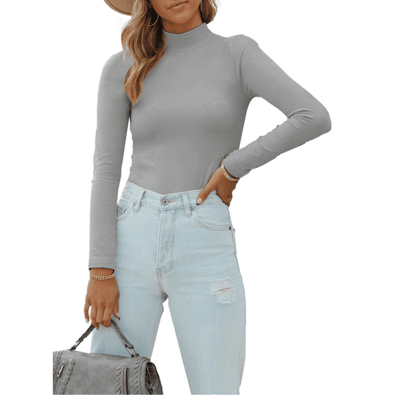 Vafful Women's Long Sleeve T Shirt Mock Neck Slim Tops for Womens Fitted Ribbed Pullovers Tee Top S-XXL Gray
