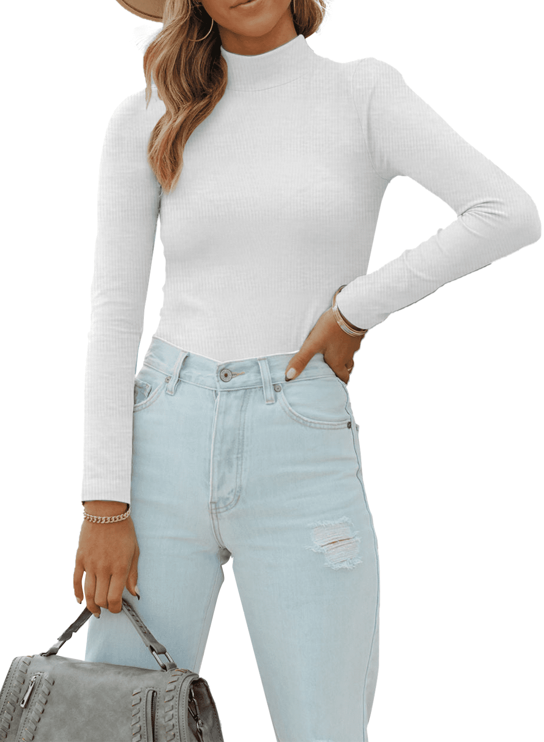 Vafful Women's Long Sleeve T Shirt Mock Neck Slim Tops for Womens Fitted Ribbed Pullovers Tee Top S-XXL White