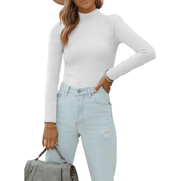 Vafful Women's Long Sleeve T Shirt Mock Neck Slim Tops for Womens Fitted Ribbed Pullovers Tee Top S-XXL White