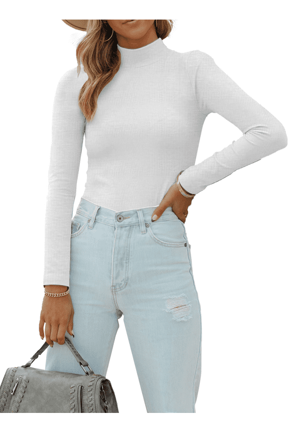 Women's Long Sleeve T Shirt Mock Neck Slim Tops for Womens Fitted Ribbed Pullovers Tee Top S-XXL White