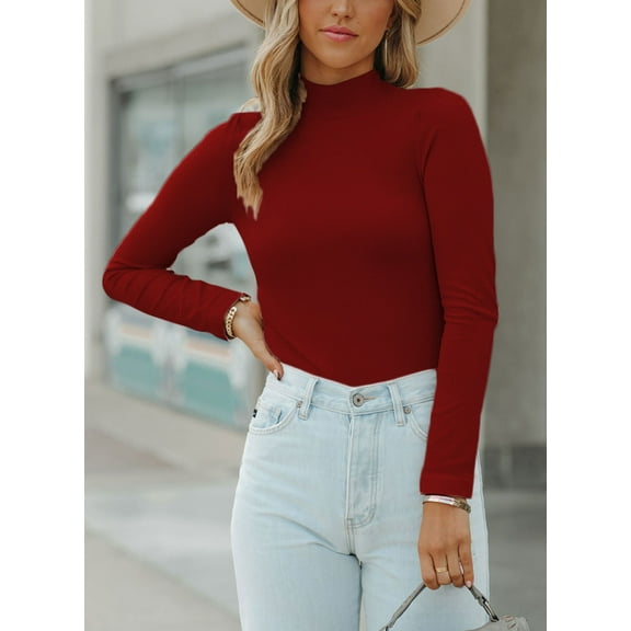 Vafful Women's Long Sleeve T Shirt Mock Neck Slim Tops for Womens Fitted Ribbed Pullovers Tee Top S-XXL Wine Red