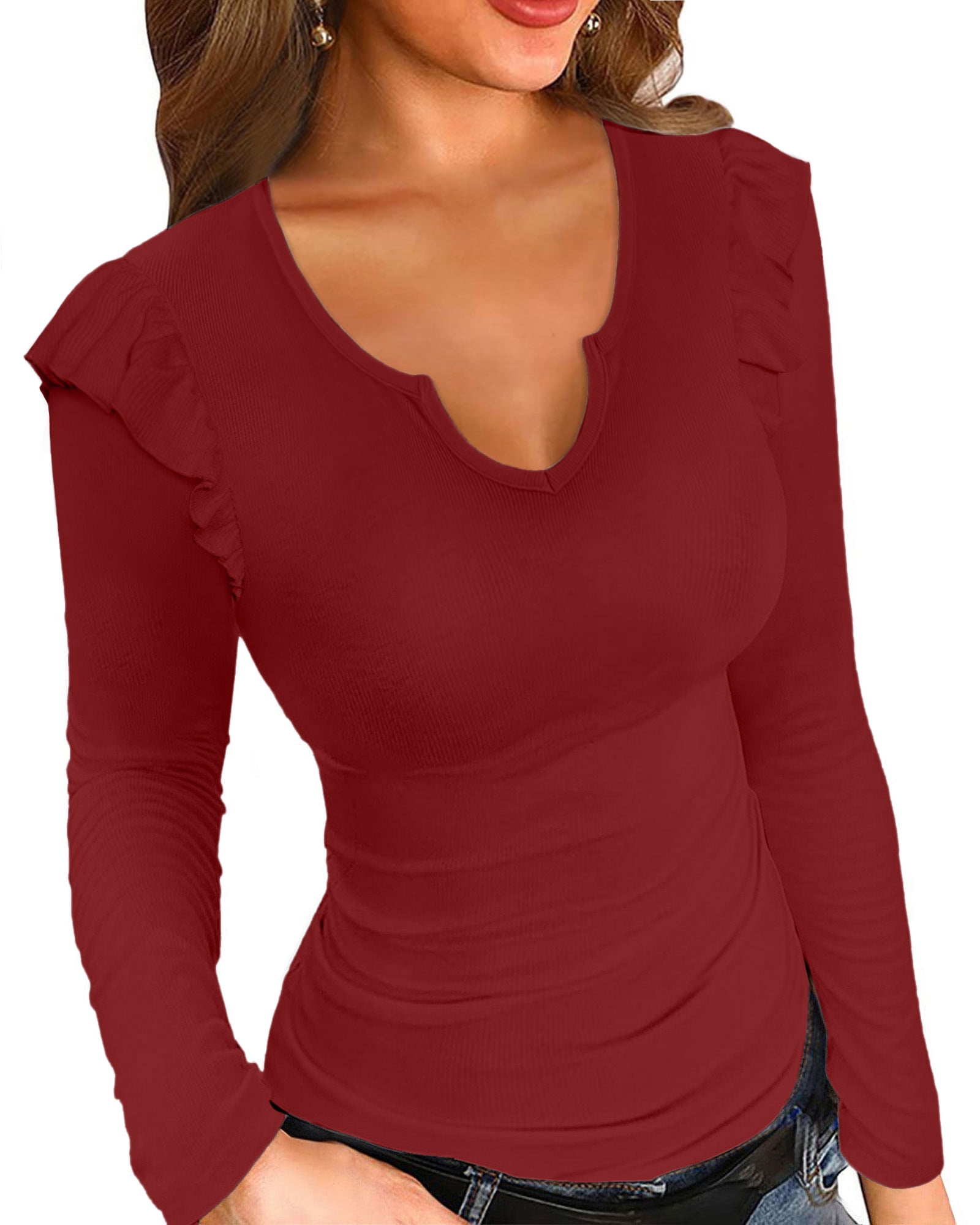 Vafful Women's Ruffle Long Sleeve Tops Fall Casual Blouse V Neck Solid