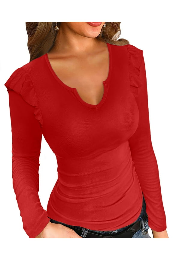 Women's Ruffle Long Sleeve Tops Fall Casual Blouse V Neck Solid Cute Tunic Shirt Womens Long Sleeve Shirts Ribbed Knit Loose Bell Sleeve Crew Neck Casual Fit Fall Tops Clothes Red S-XL