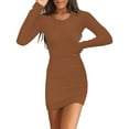 thumbnail image 1 of Vafful Women's Sexy Dress Long Sleeve Crew Neck Ribbed Dress for Womens Slim Fit Ruched Stretchy Casual Mini Dresses Caramel Brown, 1 of 5
