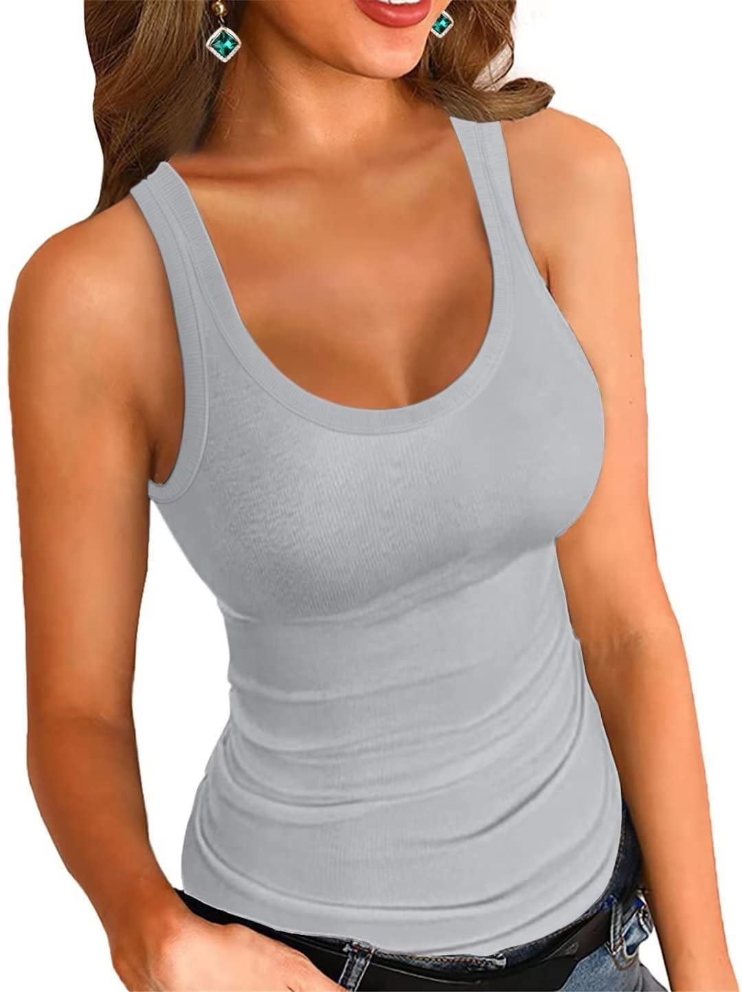 Vafful Women's Sleeveless Tank Top Fitting Scoop Neck Ribbed Knit Basic  Cami Shirts for Women Gray S-XL 