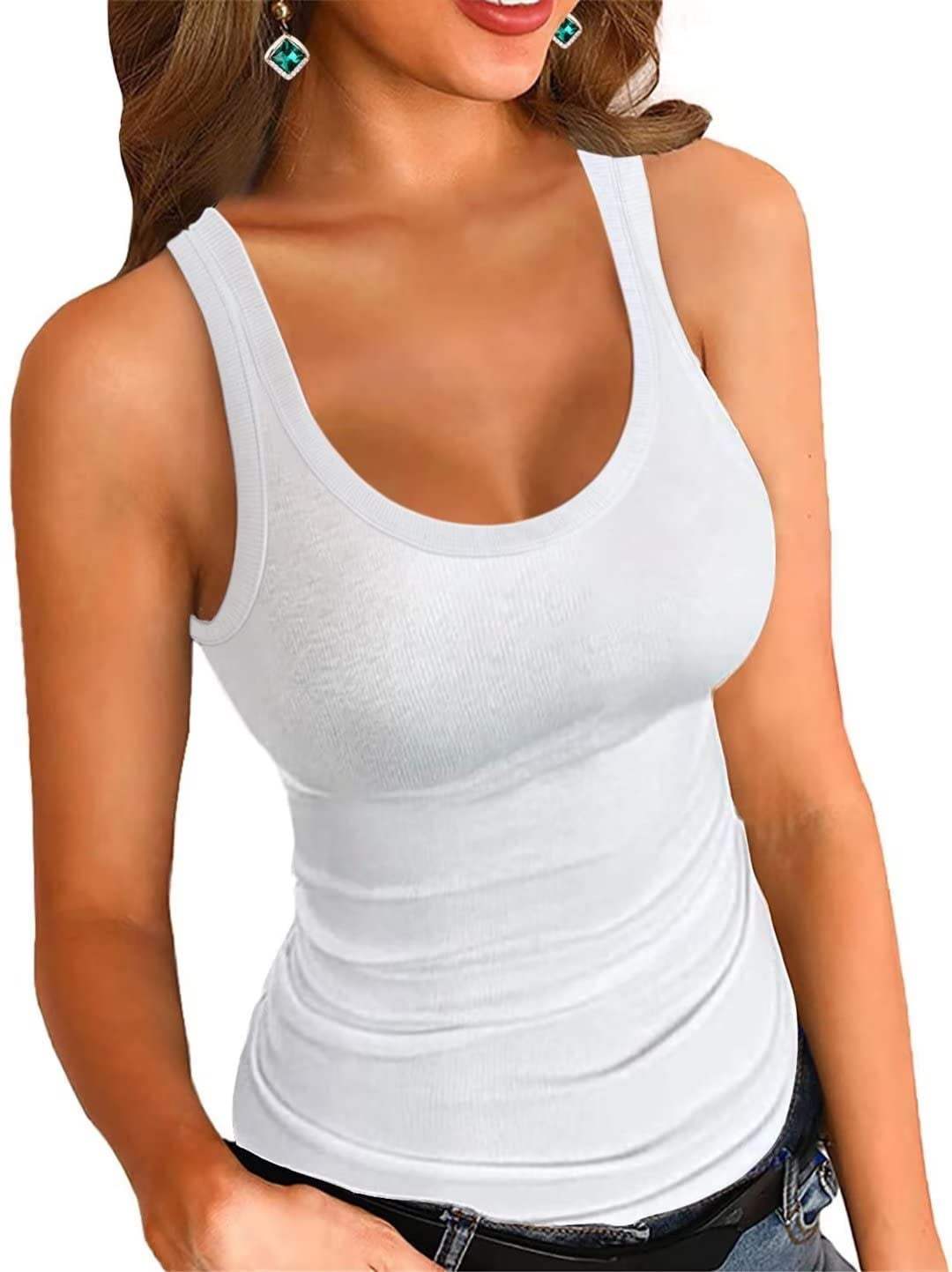 Vafful Women's Sleeveless Tank Top Fitting Scoop Neck Ribbed Knit Basic  Cami Shirts for Women White S-XL