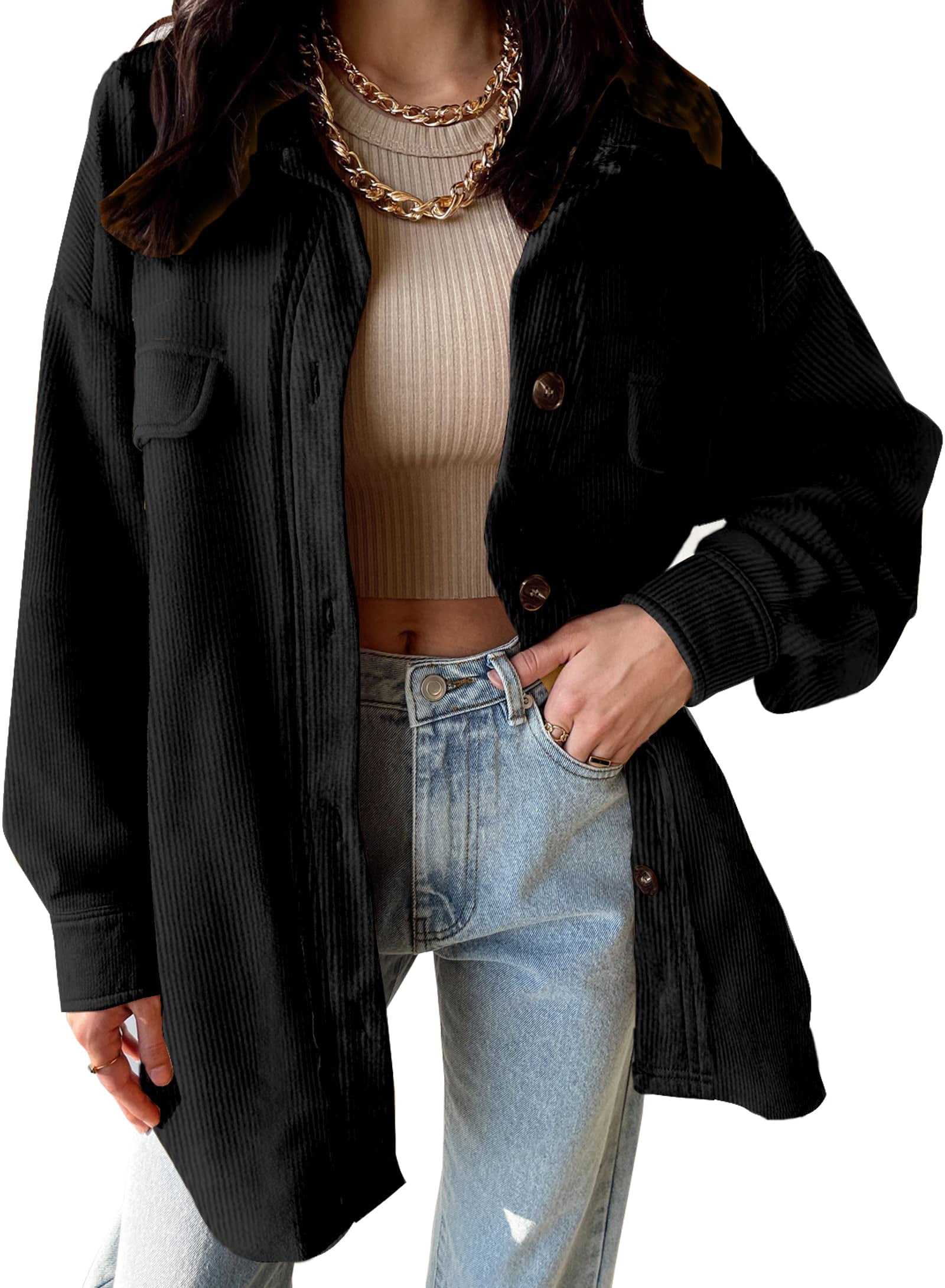 Bebiullo Cropped Jacket for Women Corduroy Flannel Plaid Long
