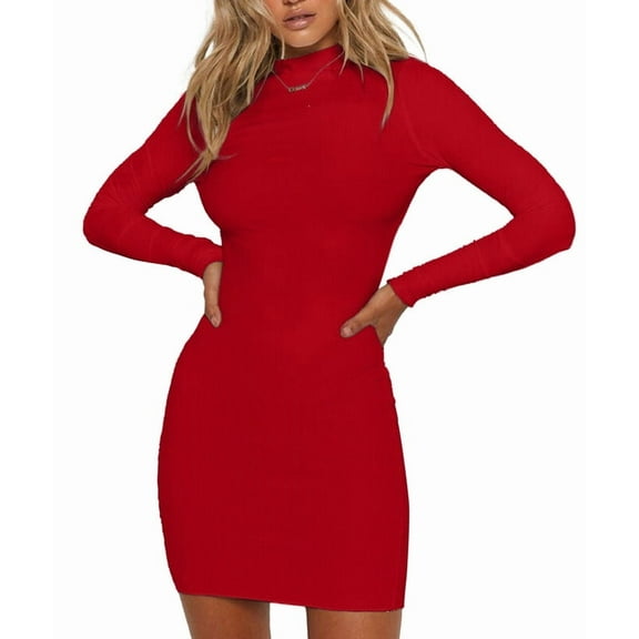Vafful Womens Dresses Mock Neck Long Sleeve Mini Bodycorn Dress Ribbed Slim Fit