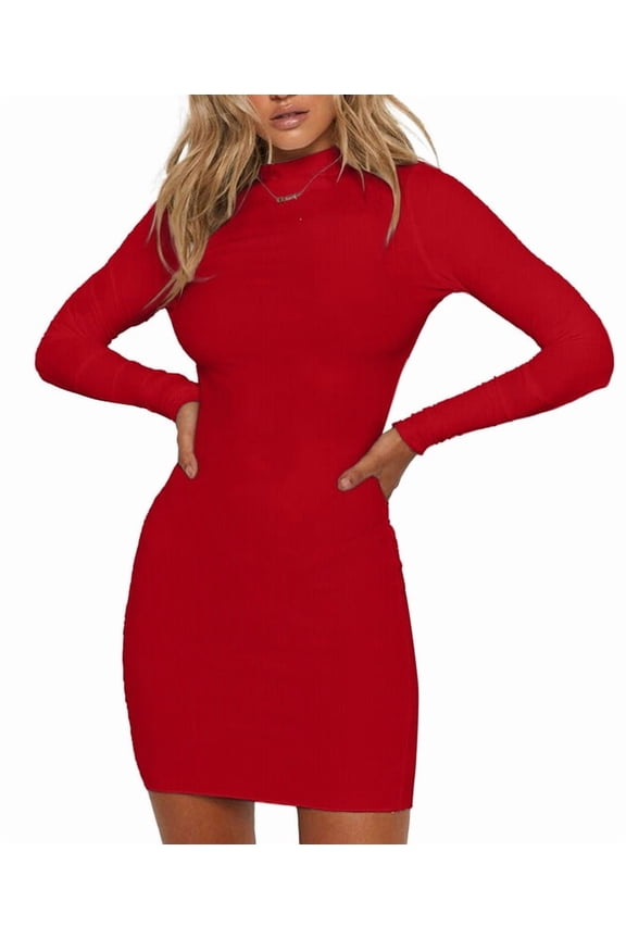 Womens Dresses Mock Neck Long Sleeve Mini Bodycorn Dress Ribbed Slim Fit