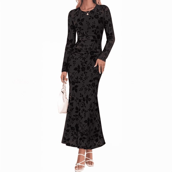 Vafful Womens Crewneck Long Sleeve Floral Fall Bodycon Ruched Mesh Maxi Formal Dress Elegant A-Line Bodycon Cocktail Wedding Guest Work Casual Dress