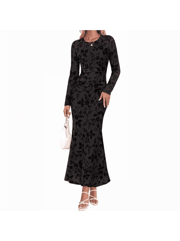 Womens Crewneck Long Sleeve Floral Fall Bodycon Ruched Mesh Maxi Formal Dress Elegant A-Line Bodycon Cocktail Wedding Guest Work Casual Dress