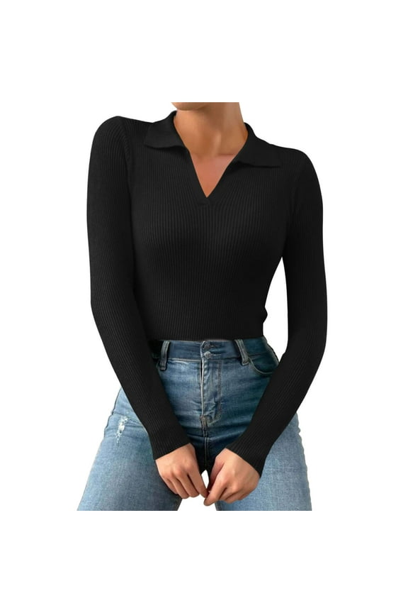 Womens Long Sleeve Shirts Polo Tops V Neck Slim Fitted Ribbed S-XL