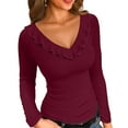 thumbnail image 1 of Vafful Womens Long Sleeve Shirts V Neck Ruffle Hem Slim Fitted Ribbed Knit Trendy Tee Tight Tops, 1 of 7