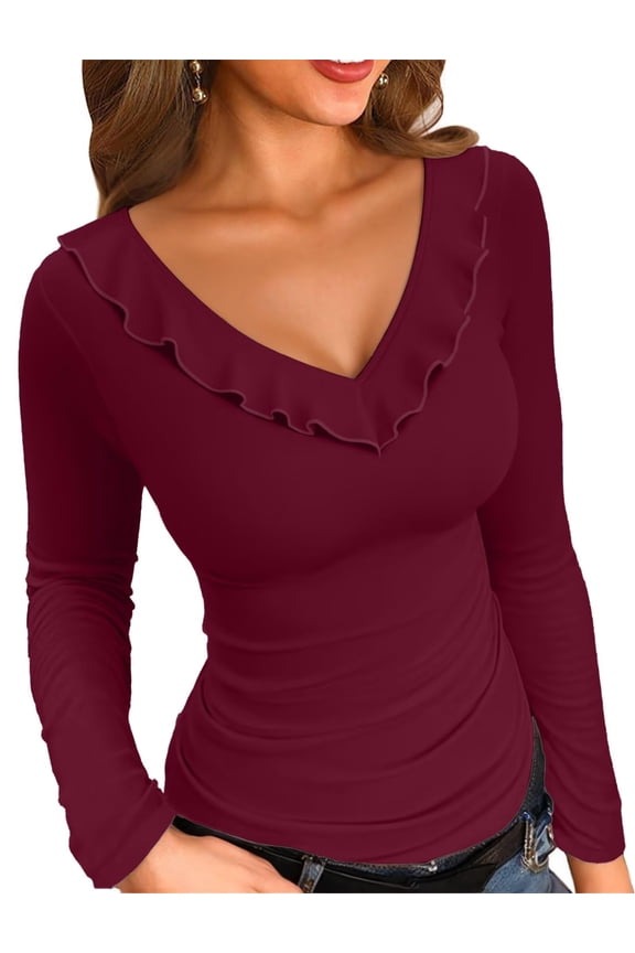 Womens Long Sleeve Shirts V Neck Ruffle Hem Slim Fitted Ribbed Knit Trendy Tee Tight Tops