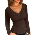 thumbnail image 1 of Vafful Womens Long Sleeve Shirts V Neck Ruffle Hem Slim Fitted Ribbed Knit Trendy Tee Tight Tops, 1 of 7