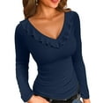 thumbnail image 1 of Vafful Womens Long Sleeve Shirts V Neck Ruffle Hem Slim Fitted Ribbed Knit Trendy Tee Tight Tops, 1 of 7